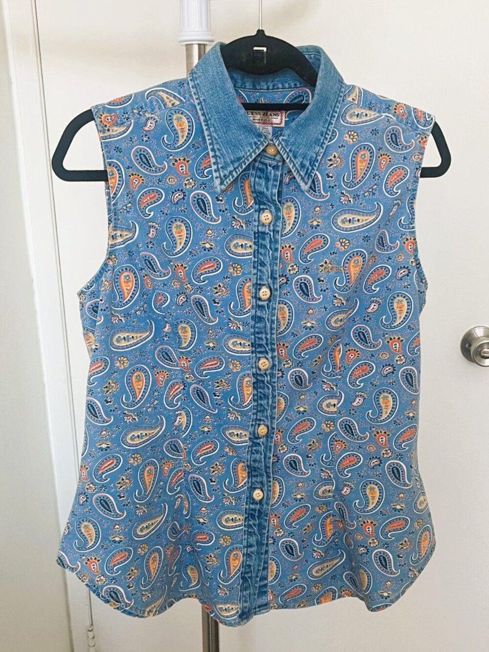 Vintage 90s Guess Jeans Sleeveless Button Down Shirt Paisley Denim Collar USA L